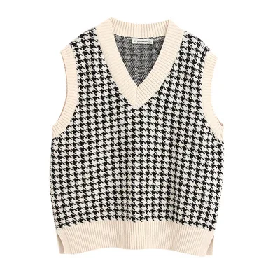 Knitted Sweaters Vest Women V-Neck Sleeveless Houndstooth Loose Female Spring Autumn Korean Style Oversized Sweater | Женская одежда