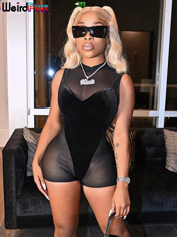 Weird Puss Patchwork Mesh Sexy Romper Women Sleeveless Elastic Overalls Workout Velvet Fit Streetwear Activity Playsuit Outfit
Weird Puss Patchwork Mesh Sexy Romper Women Sleeveless Elastic Overalls Workout Velvet Fit Streetwear Activity Playsuit Outfit