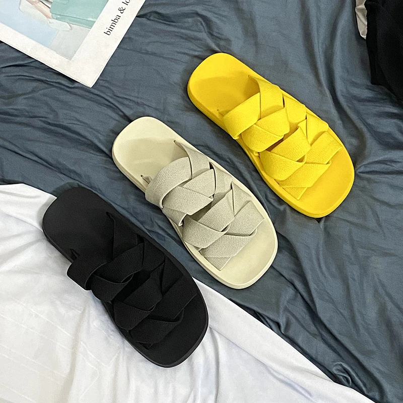 

SUOJIALUN 2021 Summer New Brand Women Slipper High Quality Weave Ladies Sandal Flat Heel Outdoor Beach Slides Female Flip Flops