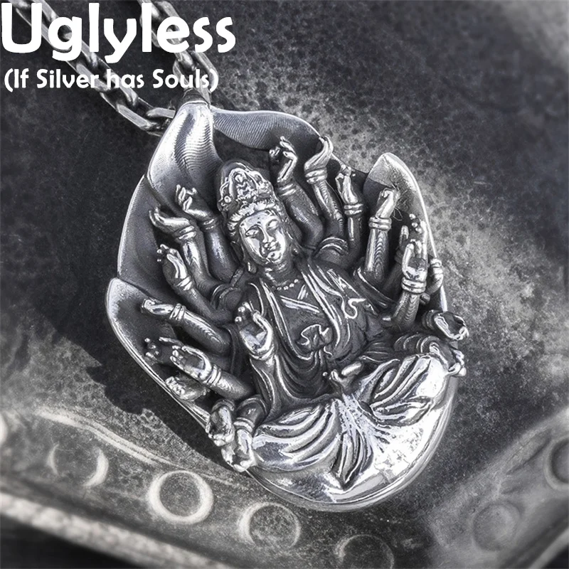 

Uglyless 999 серебро 1000-Hand Avalokitesvara Bodhisattva подвески ожерелья для мужчин Всемогущий мощный Будда ювелирные изделия без цепочек