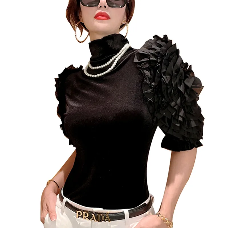 Women Black Stand Neck Velvet Tees Blouse Half Sleeve Big Flowers Appliques Ruffles Shirts Tees Ladies Party Blouses NS770
Women Black Stand Neck Velvet Tees Blouse Half Sleeve Big Flowers Appliques Ruffles Shirts Tees Ladies Party Blouses NS770