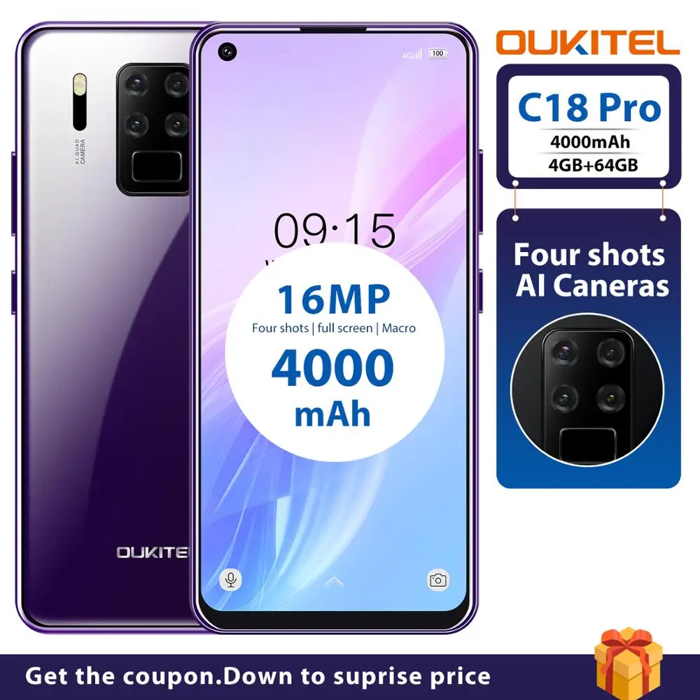 

OUKITEL C18 Pro Android 9.0 MTK6757 Octa Core Smartphone 6.55"HD 4G RAM 64G ROM 16MP 4 Cameras 4000mAh 5V2A 4G LTE Mobile Phone