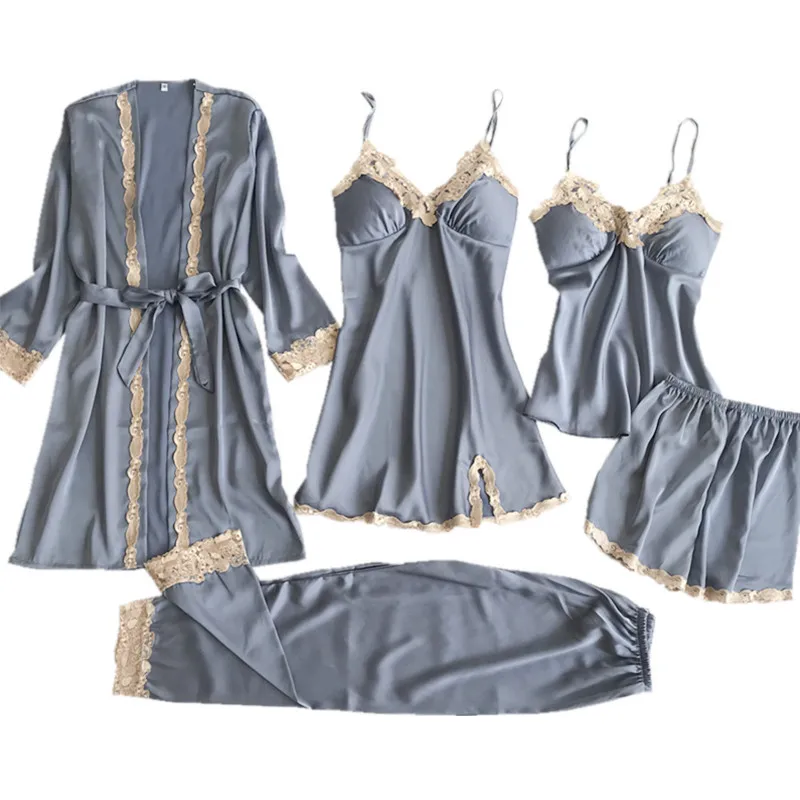 5PCS Pyjamas Set Women Satin Lace Nightwear Navy Blue V-Neck Pajamas Suit Spring Sleepwear Silky Sleep Wear Home Negligee
5PCS Pyjamas Set Women Satin Lace Nightwear Navy Blue V-Neck Pajamas Suit Spring Sleepwear Silky Sleep Wear Home Negligee