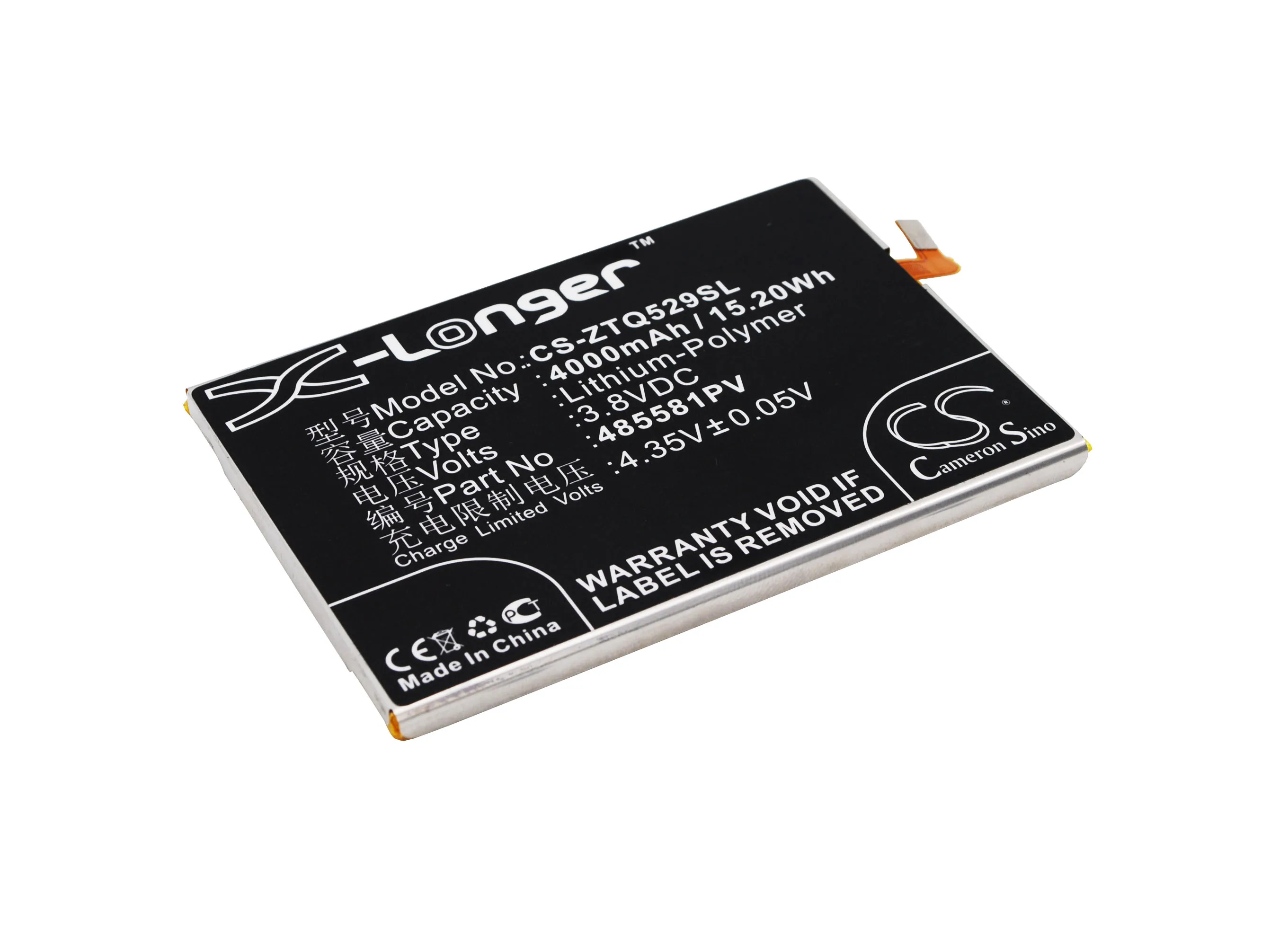 CS 4000mAh / 15.20Wh battery for ZTE Q529, Q529C, Q529E, Q529T, Yuanhang 3, Yuanhang 3 TD-LTE 485581PV
CS 4000mAh / 15.20Wh battery for ZTE Q529, Q529C, Q529E, Q529T, Yuanhang 3, Yuanhang 3 TD-LTE 485581PV