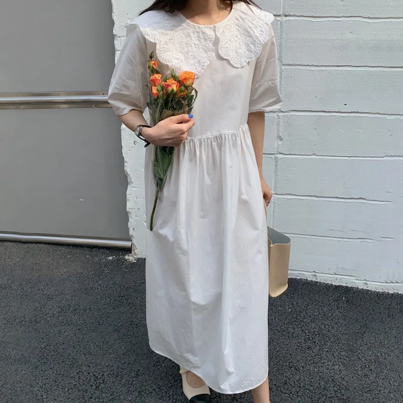 Korean Simple French Style Lace Hollow Crochet Doll Collar Stitching Loose Solid Color Short Sleeve Long Dress
Korean Simple French Style Lace Hollow Crochet Doll Collar Stitching Loose Solid Color Short Sleeve Long Dress