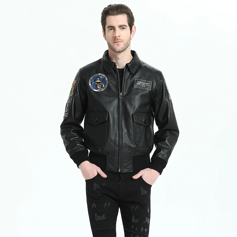 Men Genuine Leather Jacket 100% Real Calf Skin Flight Suit Aviator Leather Jackets Printed Men's Leather Coat Pilot Autumn M196
Men Genuine Leather Jacket 100% Real Calf Skin Flight Suit Aviator Leather Jackets Printed Men's Leather Coat Pilot Autumn M196