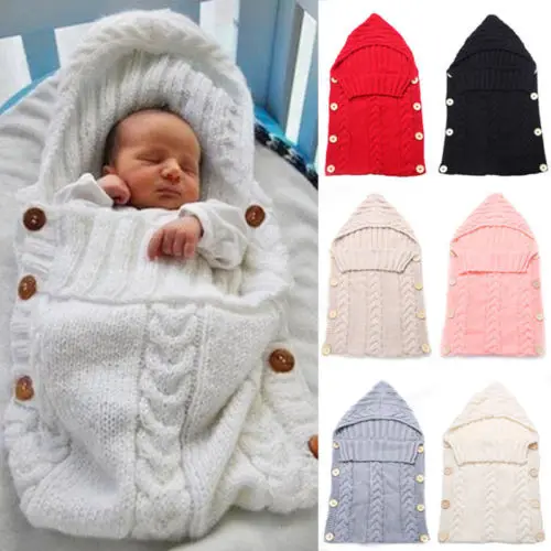 

Одеяло вязаное крючком для новорожденных мальчиков и девочек, зимнее теплое Пеленальное Одеяло, спальный мешок, однотонные пуговицы