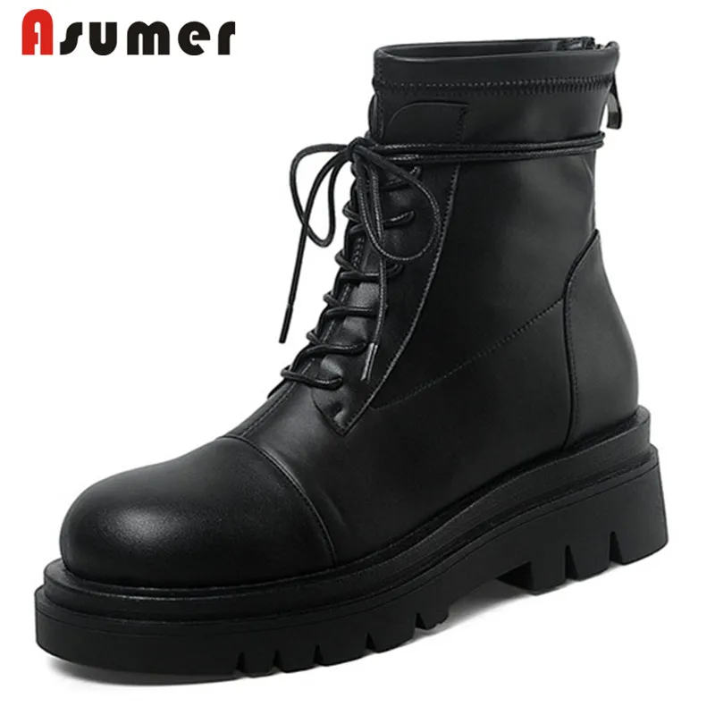 Женские ботильоны на плоской платформе ASUMER, черные повседневные ботинки на шнуровке, на молнии, Осень-зима 2022 
Женские ботильоны на плоской платформе ASUMER, черные повседневные ботинки на шнуровке, на молнии, Осень-зима 2022