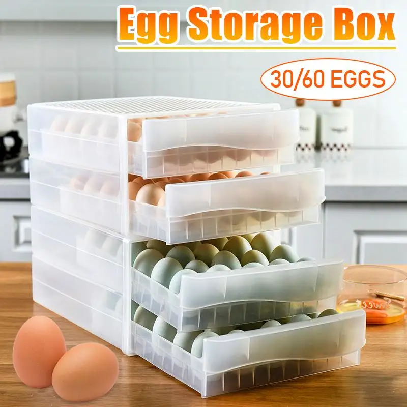 

Бытовой Контейнер для хранения яиц, 30/60 яиц, ящик для хранения в холодильнике, пластиковая прозрачная коробка для пельменей, двухслойный лот...
