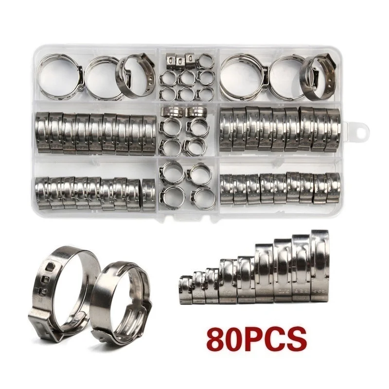 80 Pcs 5.8-23.5mm 1-Ear Stepless Clamp Assortment Ear Crimps Kit 304 Stainless Steel
80 Pcs 5.8-23.5mm 1-Ear Stepless Clamp Assortment Ear Crimps Kit 304 Stainless Steel
