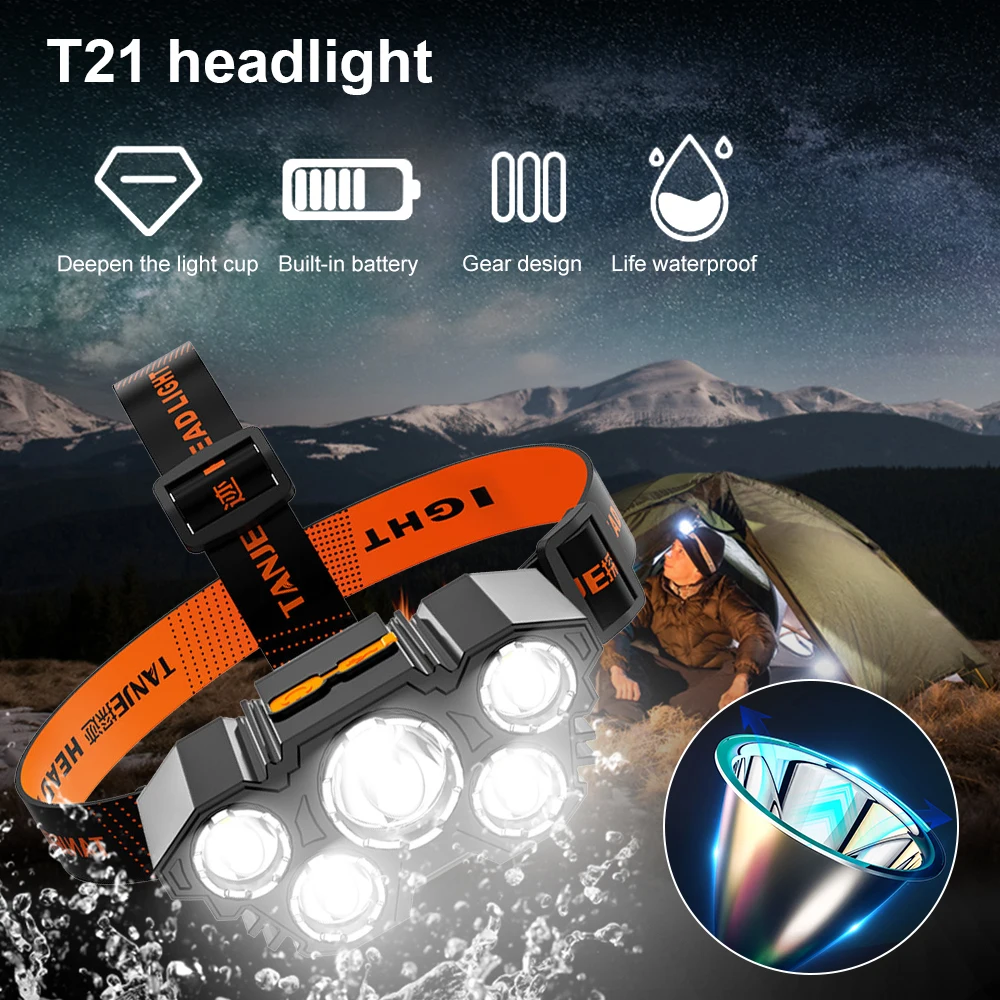 5 LED Powerful Headlamp USB Rechargeable Flashlight Outdoor Camping Bicycle Super Bright Portable Lantern Torch Head Lamp | Освещение