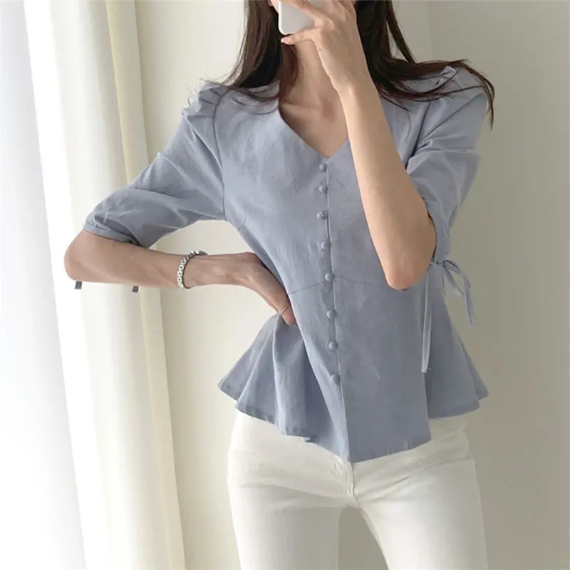 Fresh Slender Free Short Shirts V-neck Elegant Half-sleeved Solid Waist-controlled Gentle Casual Hot Cotton Linen Office Lady
Fresh Slender Free Short Shirts V-neck Elegant Half-sleeved Solid Waist-controlled Gentle Casual Hot Cotton Linen Office Lady