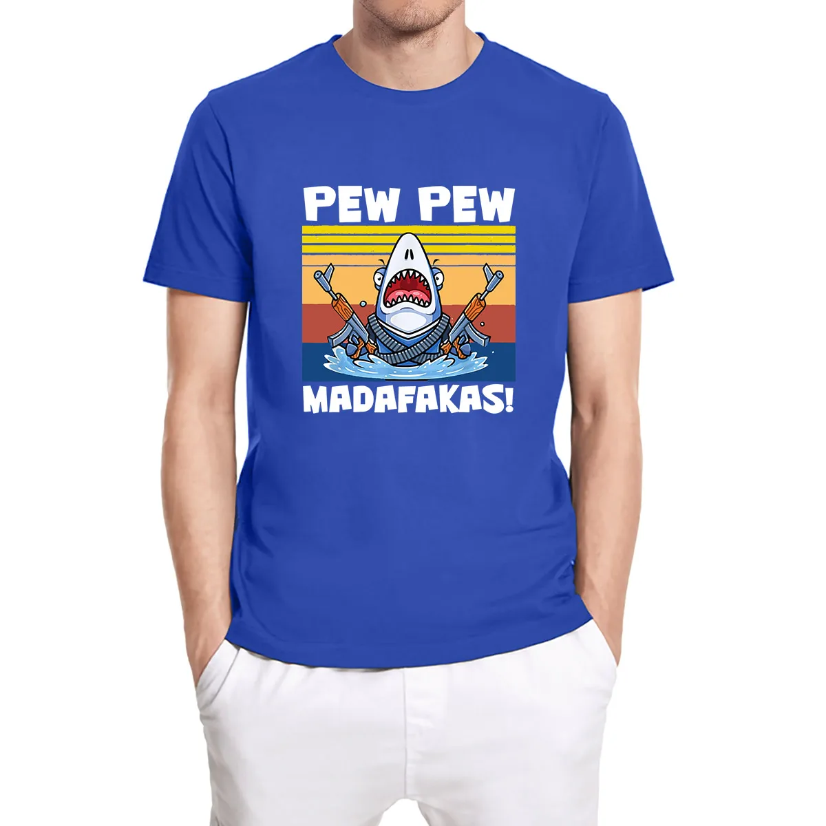 Funny Crazy Shark Pew Pew Madafakas Shark Vintage Men's Short Sleeve Tops Funny Unisex T-Shirt Comfortable Cotton Tee Plus Size 
Funny Crazy Shark Pew Pew Madafakas Shark Vintage Men's Short Sleeve Tops Funny Unisex T-Shirt Comfortable Cotton Tee Plus Size