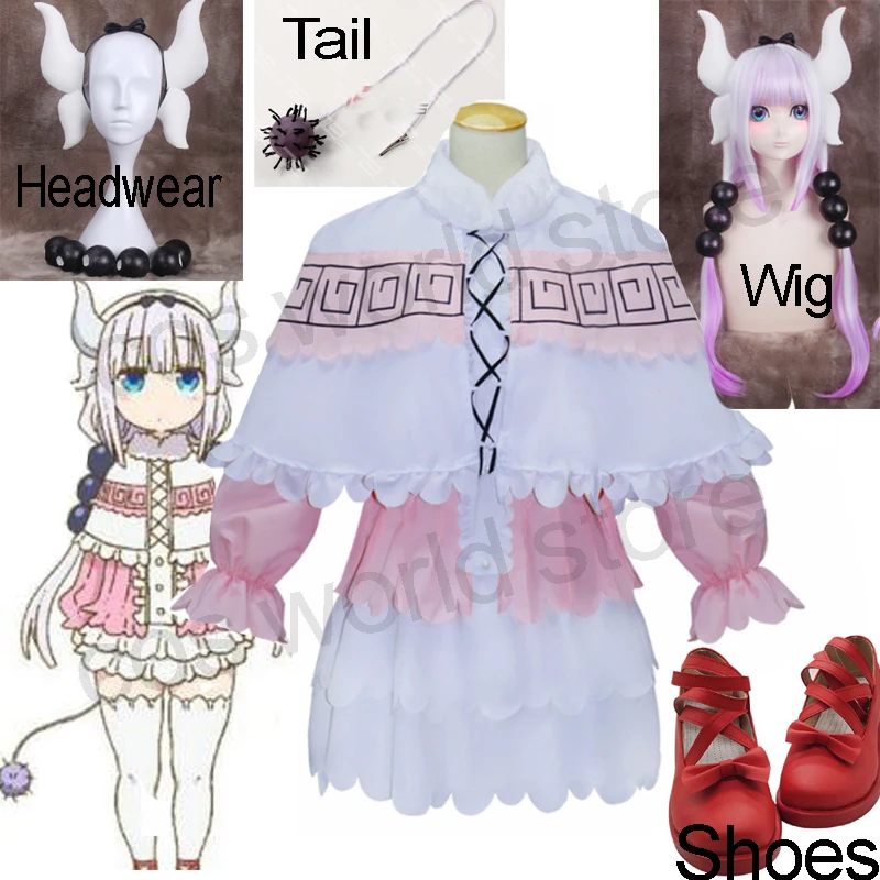 

Женский костюм для косплея Miss Kobayashi's Dragon Maid Kanna Kamui, розовое платье, парик на Хэллоуин Вечерние обувь, головной убор, реквизит для хвоста, наряды