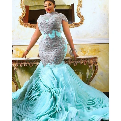 Aso Ebi Sky Blue Ruffles Tulle Mermaid Evening Dress Plus Size High Neck Crystals Lace Appliques Prom Gowns Robe De Soiree
Aso Ebi Sky Blue Ruffles Tulle Mermaid Evening Dress Plus Size High Neck Crystals Lace Appliques Prom Gowns Robe De Soiree