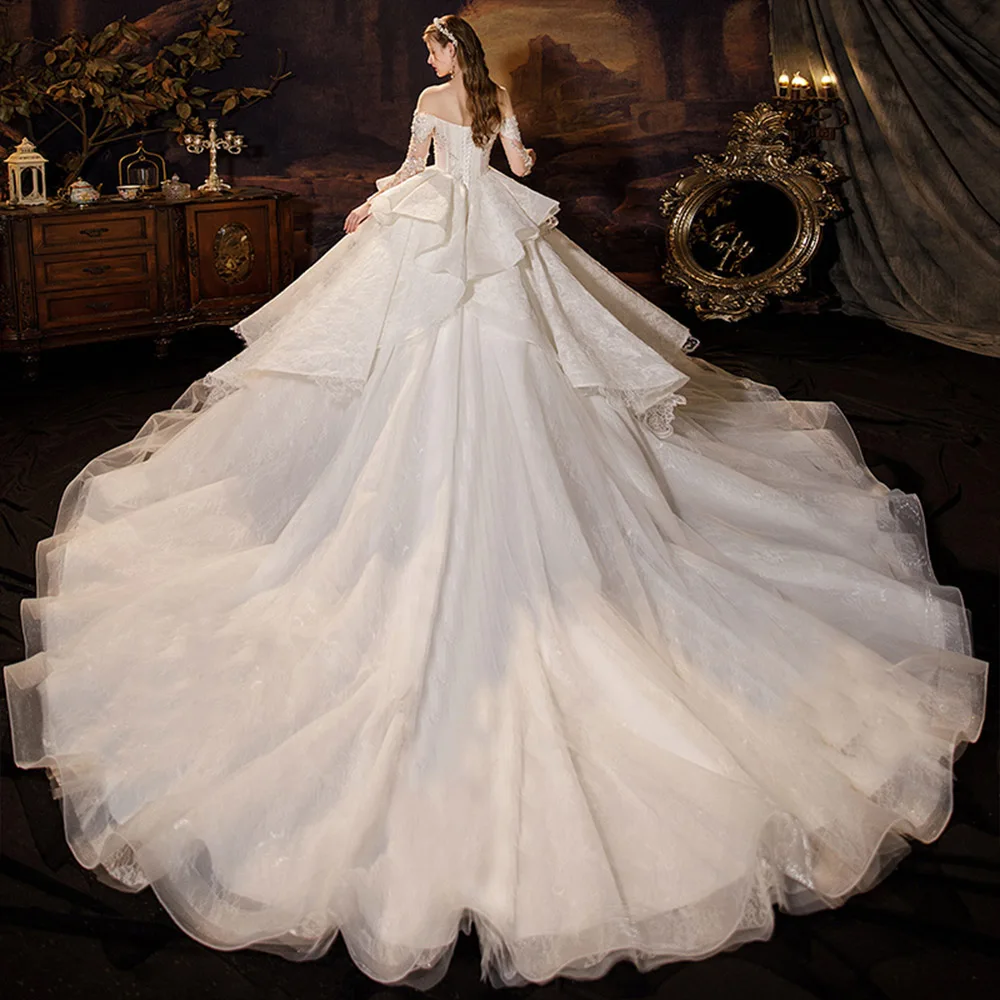 New Arrivals O-Neck Three Quarter Sleeve Sparkly Beading Crystal Tulle Lace Gorgeous Ball Gown Wedding Dress Plus Size Mariage | Свадьбы и