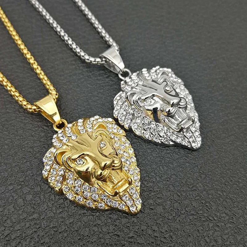 Hip Hop Rhinestones Paved Bling Iced Out Gold Silver Color Stainless Steel Lion Head Pendants Necklaces for Men Rapper Jewelry
Hip Hop Rhinestones Paved Bling Iced Out Gold Silver Color Stainless Steel Lion Head Pendants Necklaces for Men Rapper Jewelry