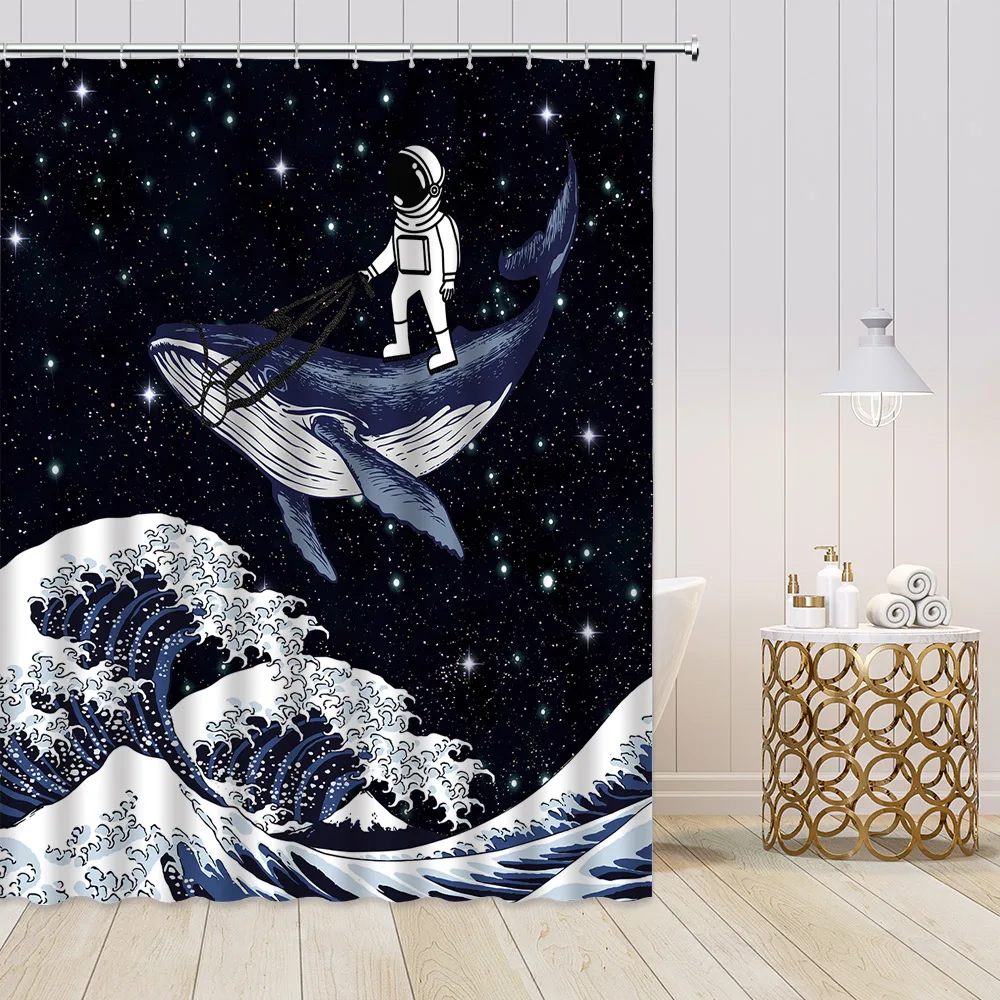 Шторы для душа с мультяшным Китом, астронавтом, морской волной, черным звездным небом
Шторы для душа с мультяшным Китом, астронавтом, морской волной, черным звездным небом