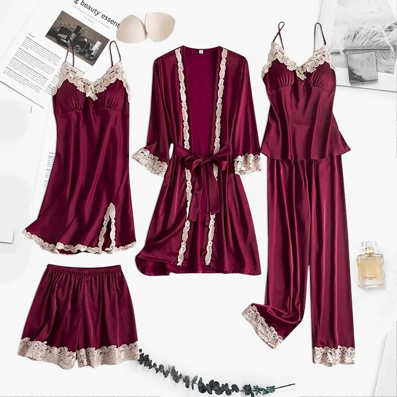Pajama Set Women Lace Trim Satin Sleepwear Pyjamas Pour Femme Summer Nightwear With Pants Casual Home Wear Kimono Robe Gown PJS 
Pajama Set Women Lace Trim Satin Sleepwear Pyjamas Pour Femme Summer Nightwear With Pants Casual Home Wear Kimono Robe Gown PJS