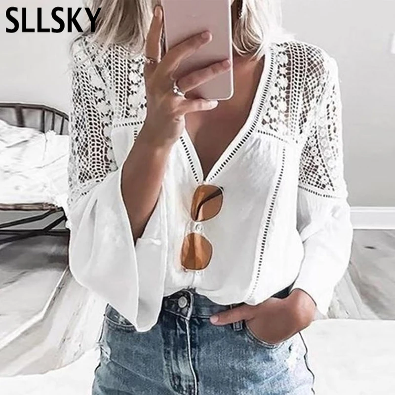 SLLSKY Women's Sexy Boho Lace Flare Sleeve Hollow Shirt Blouse White Patchwork Female V-Neck Tops Summer Ladies Casual Blouses
SLLSKY Women's Sexy Boho Lace Flare Sleeve Hollow Shirt Blouse White Patchwork Female V-Neck Tops Summer Ladies Casual Blouses