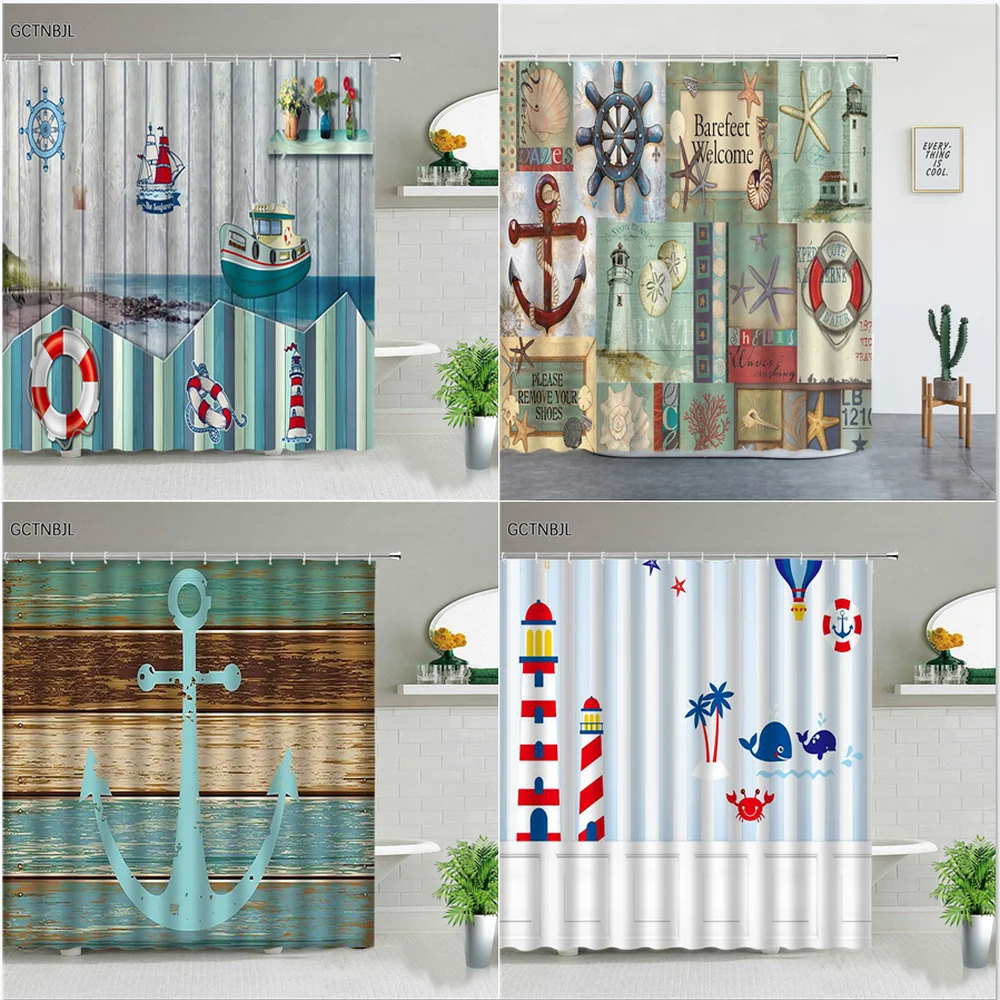 Nautical Cartoon Pattern Shower Curtains Anchor Lighthouse Rudder Decorative Vintage For Kids Bathroom Decor Screen With Hooks
Nautical Cartoon Pattern Shower Curtains Anchor Lighthouse Rudder Decorative Vintage For Kids Bathroom Decor Screen With Hooks