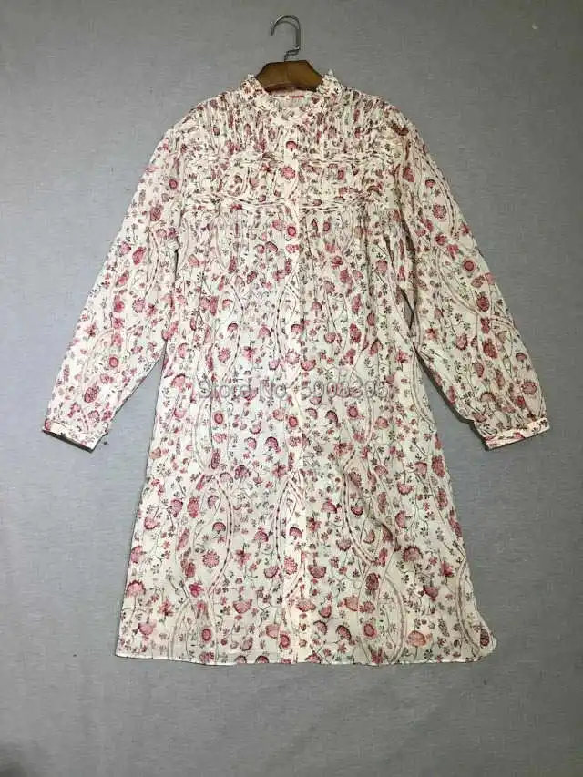Cream Pink Floral Print Short Shirt dress Stand Collar with Frills Pleated detail Long sleeves Front Buttons Down
Cream Pink Floral Print Short Shirt dress Stand Collar with Frills Pleated detail Long sleeves Front Buttons Down