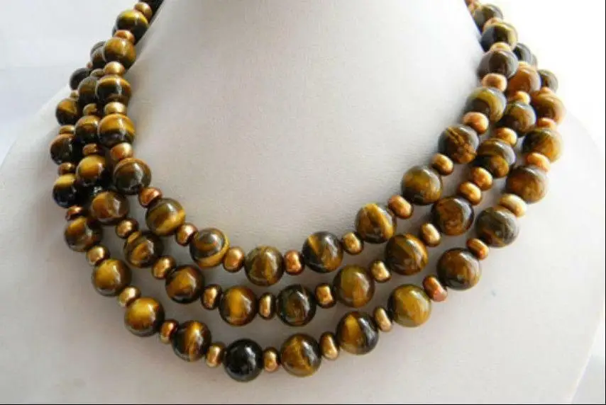 

50 Inches Long 10mm Round Tiger'-eye Coffee Slice Freshwater Pearl Necklace