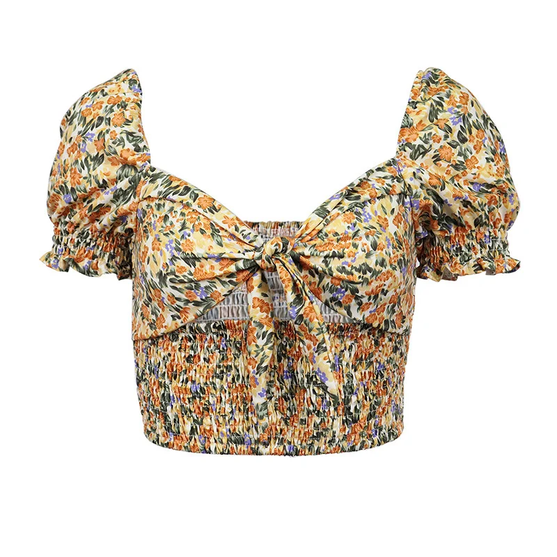 2021 Summer Style Women T-shirt Floral Print Female Top V-neck Bow Puff Sleeve Short T-shirt Elastic Top Elegant High Streetwear
2021 Summer Style Women T-shirt Floral Print Female Top V-neck Bow Puff Sleeve Short T-shirt Elastic Top Elegant High Streetwear