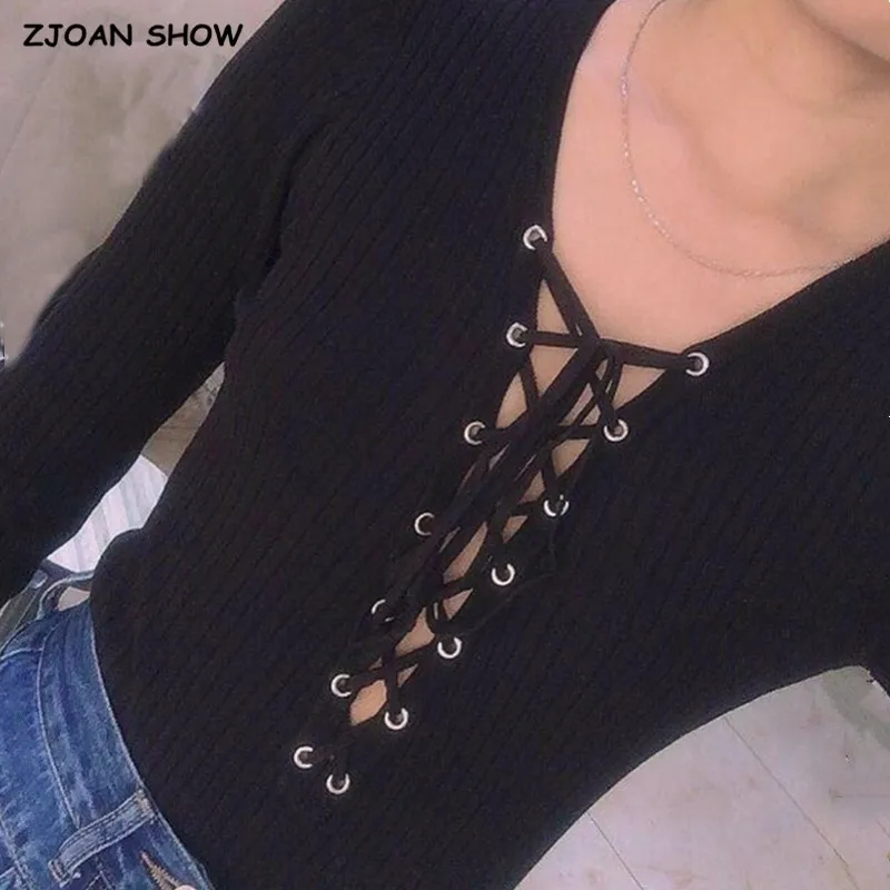 90'S Vintage Knitting Cross Lacing up Bandage V neck Long sleeve Bodysuit Woman Short Jumpsuit Slim fit Rompers Playsuits Sexy 
90'S Vintage Knitting Cross Lacing up Bandage V neck Long sleeve Bodysuit Woman Short Jumpsuit Slim fit Rompers Playsuits Sexy