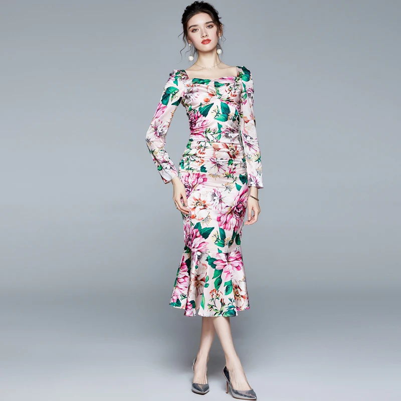 Runway Floral Print Ruffles Mermaid Dress Women Satin Green Puff Sleeve Ruched Sheath Pencil Dress Female Midi Bodycon Dress
Runway Floral Print Ruffles Mermaid Dress Women Satin Green Puff Sleeve Ruched Sheath Pencil Dress Female Midi Bodycon Dress