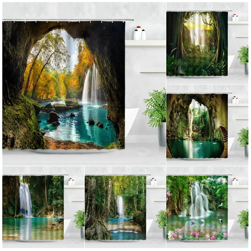 

Forest Cave Waterfall Shower Curtain Set Yellow Maple Trees Autumn Scenery Modern Home Decor Waterproof Fabric Bathroom Curtains