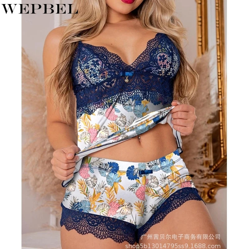 WEPBEL Women's Printed Slim Lace Bow Stitching Suit Sexy Mid-Waist Straight Shorts V-neck Backless Spaghetti Strap Top Suit
WEPBEL Women's Printed Slim Lace Bow Stitching Suit Sexy Mid-Waist Straight Shorts V-neck Backless Spaghetti Strap Top Suit