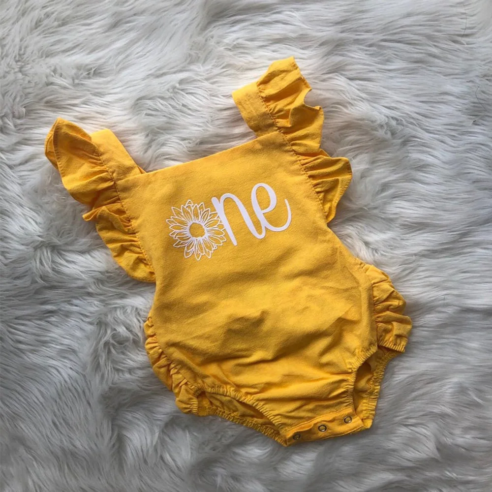 

Custom baby girl crawling dress baby shower name date personalized cute text name cartoon onesie One Romper/ yellow