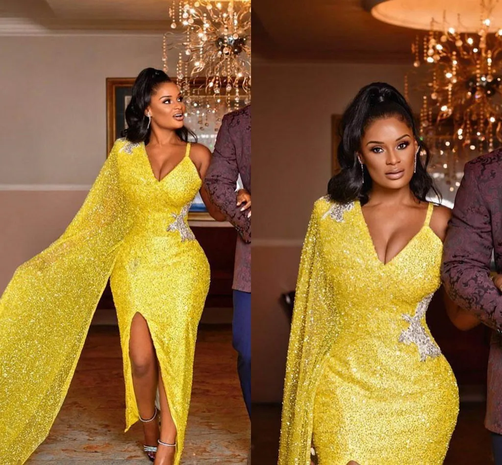 Aso Ebi 2019 блестящие Сексуальные вечерние платья в арабском и желтом цвете на тонких