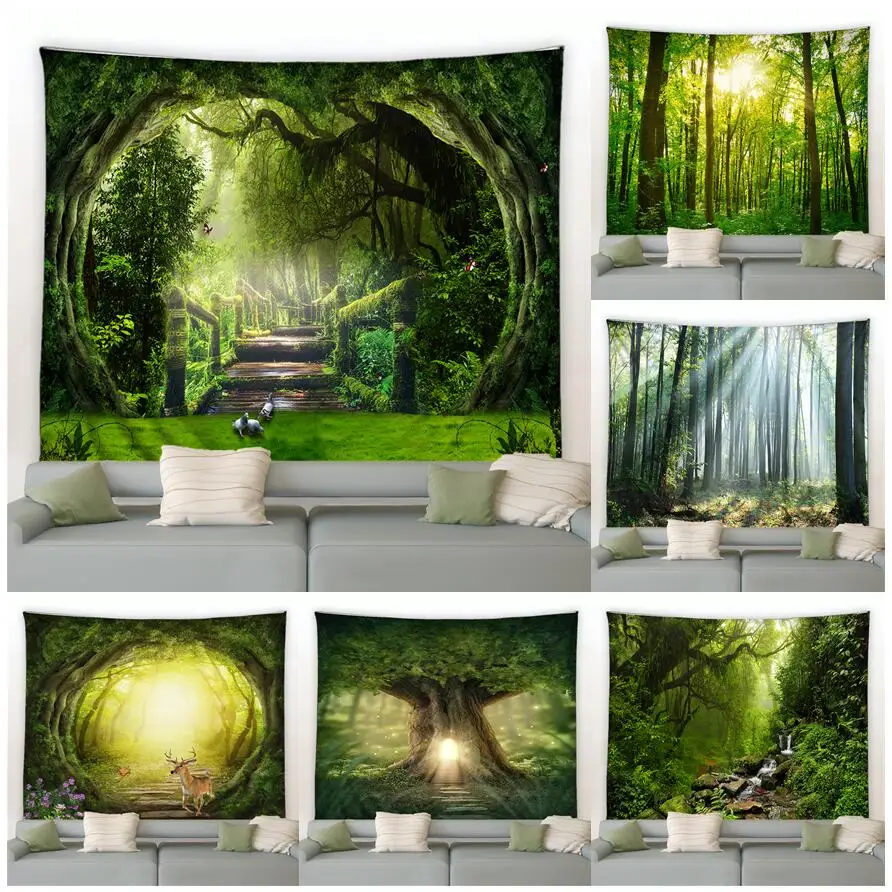 

Dream Forest Tapestry Green Trees Wooden Bridge Spring Natural Landscape Tapestries Modern Home Living Room Wall Hanging Decor