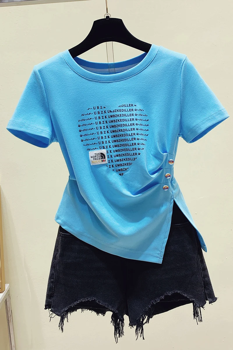 Summer New Style Letter Printing Stitching Love Pleated Button Split Short-sleeved Blouse Woman Tshirts
Summer New Style Letter Printing Stitching Love Pleated Button Split Short-sleeved Blouse Woman Tshirts
