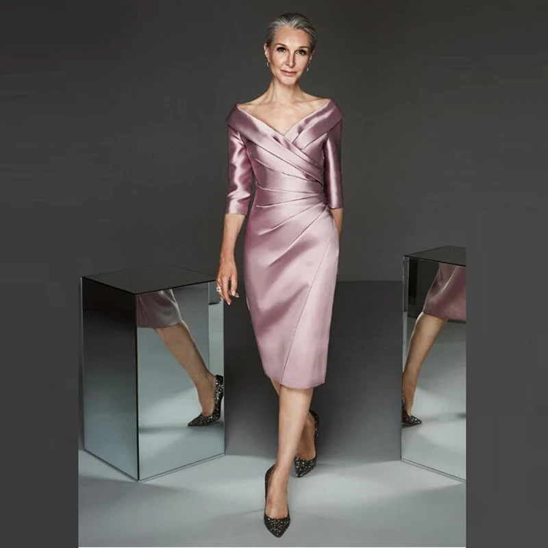 

New Simple Modern Sheath Lilac Satin Plunge V Neckline Mother Dresses Knee Length Mother of the Groom Gowns Three Quarter Sleeve
