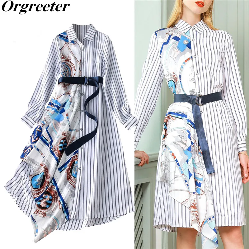 Vintage Printted Striped Shirt Dresses Women Spring Fall Fashion Lapel Long Sleeve Patchwork Belt Casual Dress Vestido Feminino 
Vintage Printted Striped Shirt Dresses Women Spring Fall Fashion Lapel Long Sleeve Patchwork Belt Casual Dress Vestido Feminino