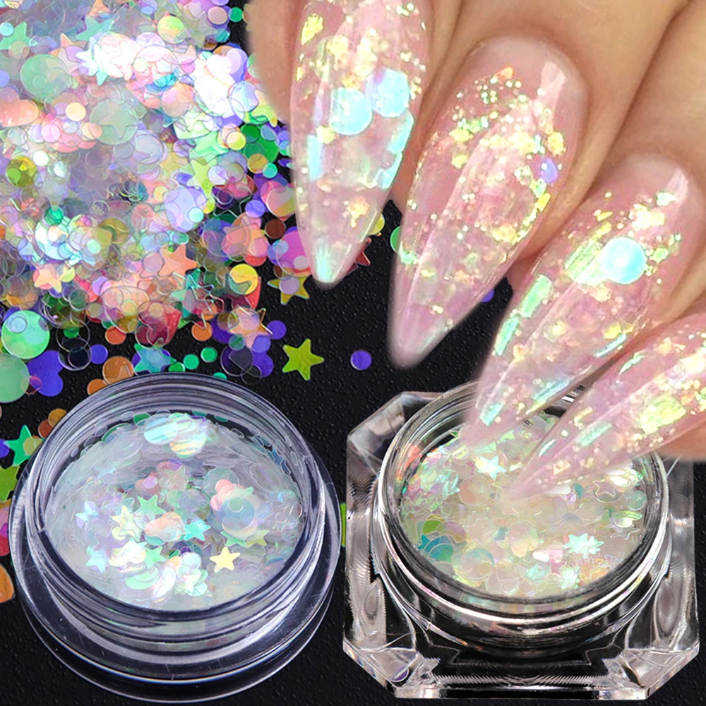 1 Box Mermaid Fluorescent Color Star Ultra-Thin Nail Patch Holographic Glitter Mixed Round Heart Piece Decoration | Красота и