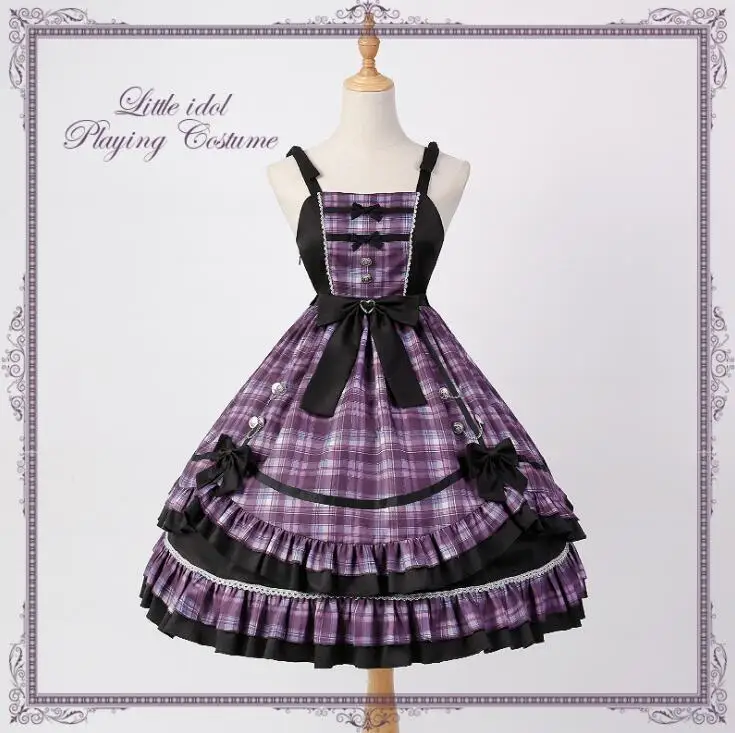 

Original Design Little Idol Playing Costume Women's Lolita JSK Dress Sleeveless Dress Purple & Black Plaid Dress &Hat&Necklace