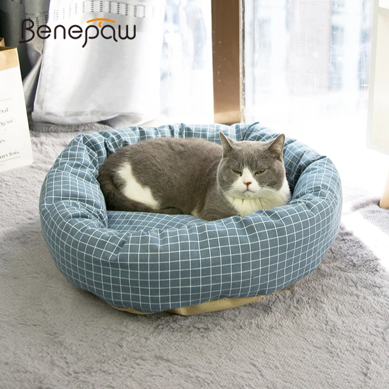 Удобная клетчатая кровать для кошек Benepaw с подушкой теплая мягкая круглая