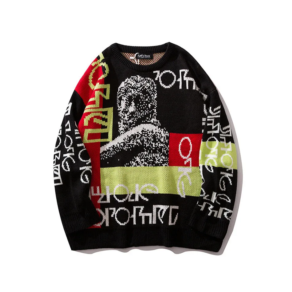 2019 Hip Hop Jacquard Figure Print Round Neck Pullover Sweater Color Match Streetwear Long Sleeve Casual Loose Sweaters
2019 Hip Hop Jacquard Figure Print Round Neck Pullover Sweater Color Match Streetwear Long Sleeve Casual Loose Sweaters