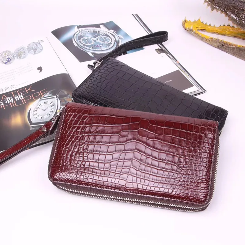 

Exotic Genuine Crocodile Skin Zipper Closure Businessmen Large Clutch Purse Card Holder Real Alligator Leather Male Wristlet Bag