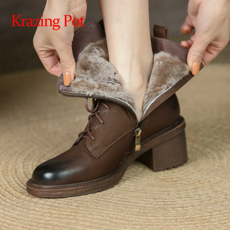 Krazing pot winter hot saling cow leather round toe high heels snow boots keep warm office lady daily wear cozy ankle boots L05
Krazing pot winter hot saling cow leather round toe high heels snow boots keep warm office lady daily wear cozy ankle boots L05
