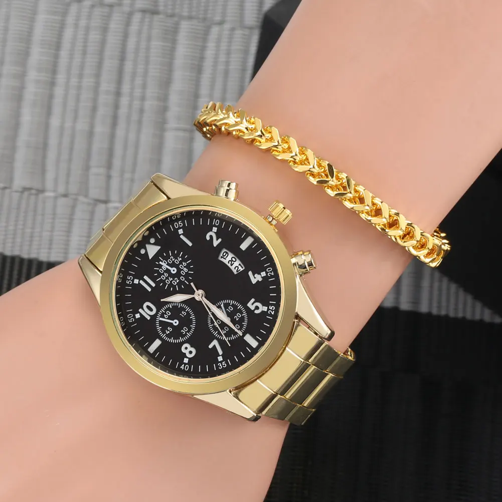 Male Watch Luxury Bracelet Man Quartz Wristwatch Gold Bracelet 2021 2 Pcs Gifts Set Calendar Gift for Men Boyfriend Watches
Male Watch Luxury Bracelet Man Quartz Wristwatch Gold Bracelet 2021 2 Pcs Gifts Set Calendar Gift for Men Boyfriend Watches