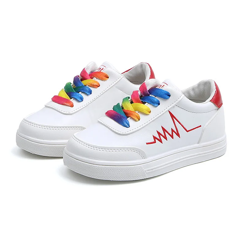 Kids Shoes for Girl Rainbow Shoelaces White Sneakers for Boys Broken Line Pattern Children's Fashion Board Shoes 
Kids Shoes for Girl Rainbow Shoelaces White Sneakers for Boys Broken Line Pattern Children's Fashion Board Shoes