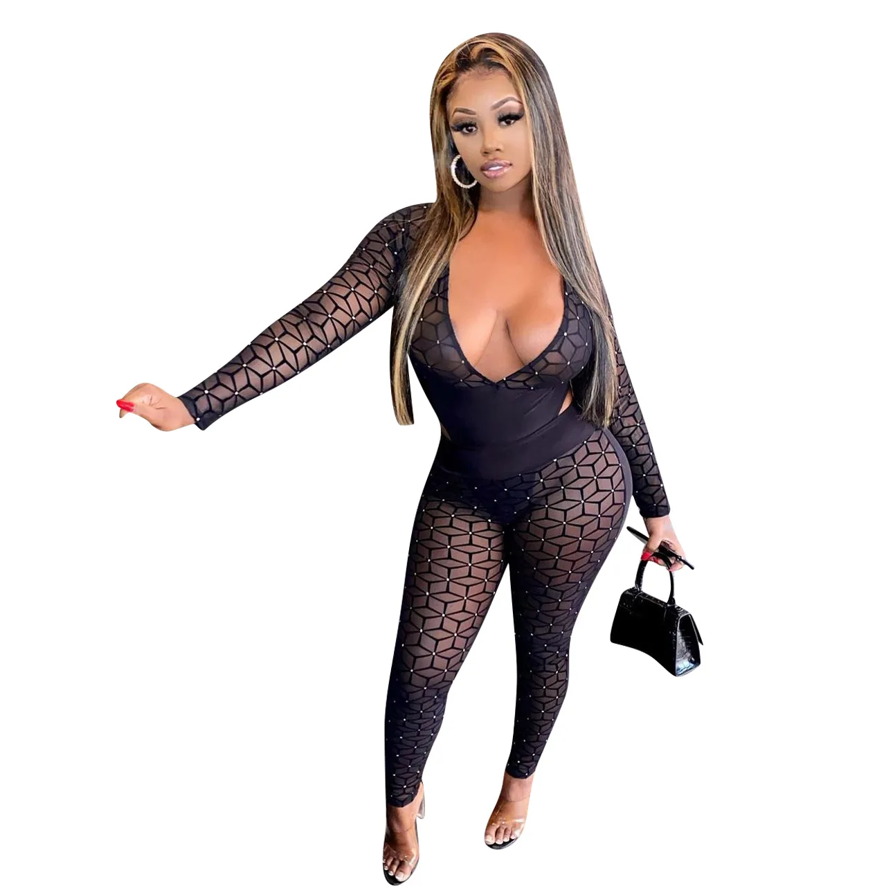 Cutubly Two Piece Set Sexy Deep V Neck Mesh See Through Women Outfit Set Long Sleeve Hole Skinny Pant Set Club Autumn Suit 
Cutubly Two Piece Set Sexy Deep V Neck Mesh See Through Women Outfit Set Long Sleeve Hole Skinny Pant Set Club Autumn Suit