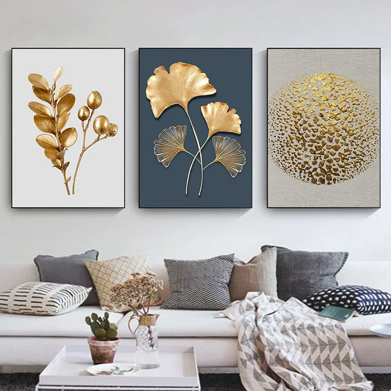 

Modern Golden Plant Leaves Wall Art Canvas Painting Nordic Minimalism Posters and Pictures for Living Room Decoration Paintings