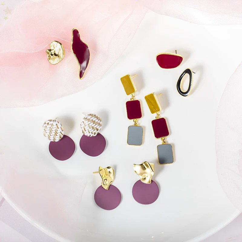 

ZWC New Design Vintage Colorful Enamel Fashion Earring Geometric Asymmetric Oval Round Long Drop Earrings for Women Girl Jewerly
