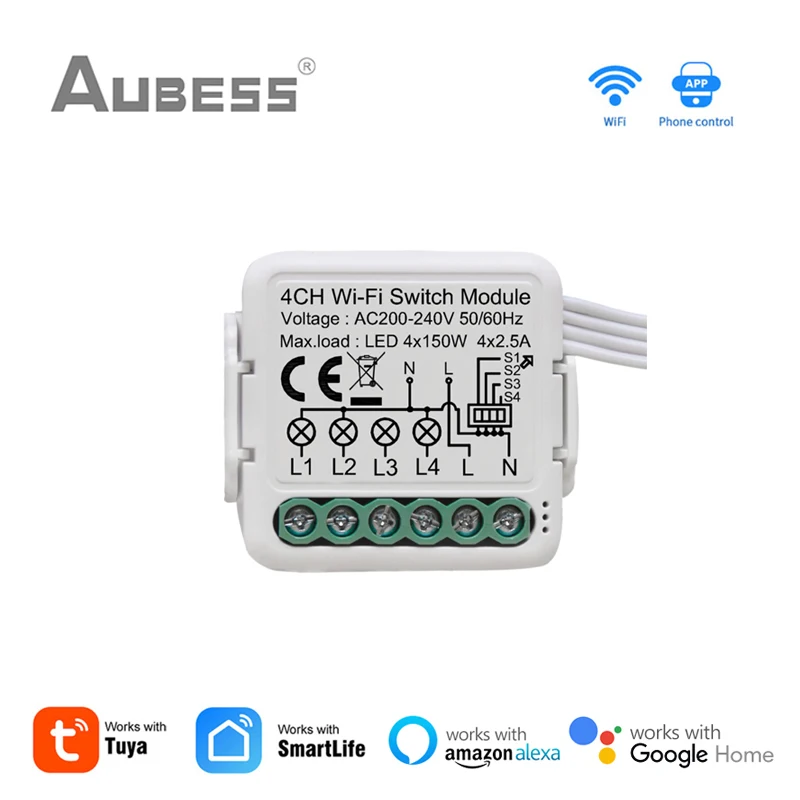 AUBESS Tuya WiFi Switch Module with 1/2/3/4 gang 2 Way Control, Smart Life Smart Home Interruptor Works With Alexa Google Home
AUBESS Tuya WiFi Switch Module with 1/2/3/4 gang 2 Way Control, Smart Life Smart Home Interruptor Works With Alexa Google Home
